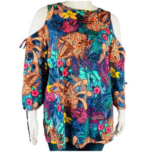 Slinky Brand Sz Size 2X Plus Blouse Floral Cold Shoulder Tie Sleeve Stretch
